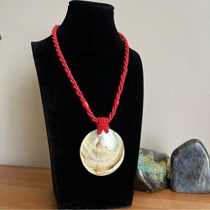 Red coral seed bead necklace with shell pendant - beach boho jewelry